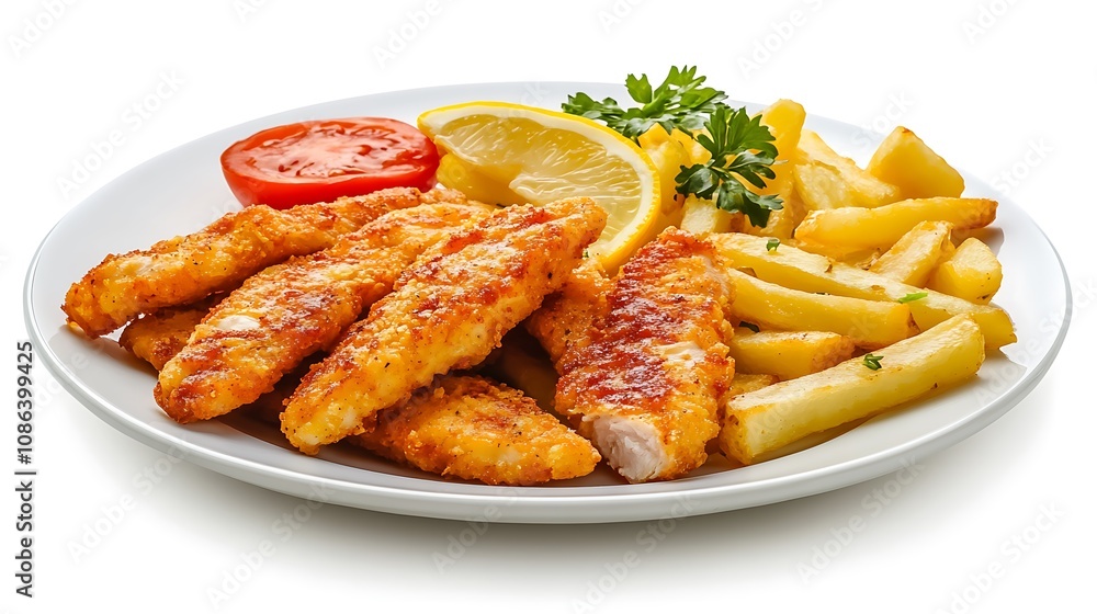 Crispy Fried Chicken Strips with French Fries and Lemon Wedge Crispy Fried Chicken Strips with French Fries and Lemon Wedge