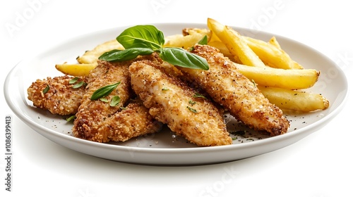 Crispy Fried Chicken Strips with French Fries and Lemon Wedge