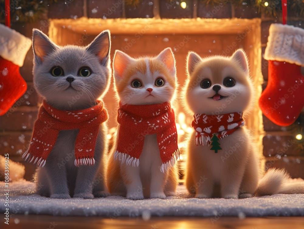 Three Adorable Kittens by a Cozy Fireplace on Christmas Eve Three Adorable Kittens by a Cozy Fireplace on Christmas Eve