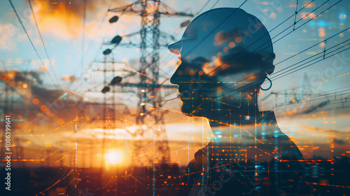 Double exposure of an electrical engineer with power lines and circuits in the background 


