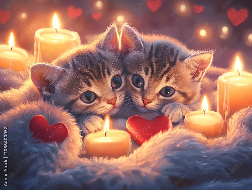 Two Cute Kittens Snuggling in a Cozy Blanket with Candles and Hearts Two Cute Kittens Snuggling in a Cozy Blanket with Candles and Hearts