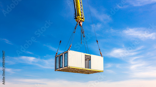 A modular unit is hoisted by a crane against a blue sky, symbolizing innovation in modern architectural techniques and adaptable living solutions. photo