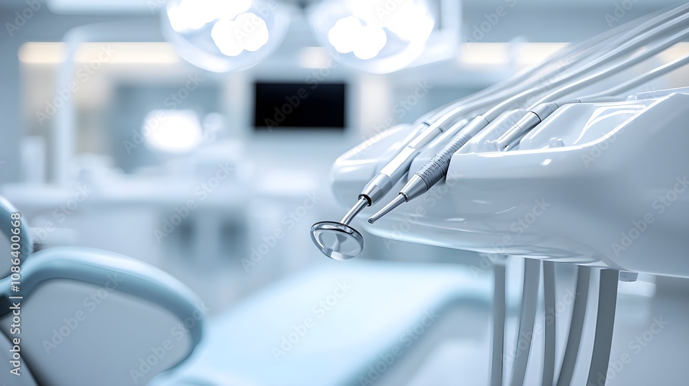Dentist in focus, patient slightly blurred on reclining dental bed, clinical atmosphere, soft white lighting, dental care professional with patient, dental checkup closeup Dentist in focus, patient slightly blurred on reclining dental bed, clinical atmosphere, soft white lighting, dental care professional with patient, dental checkup closeup