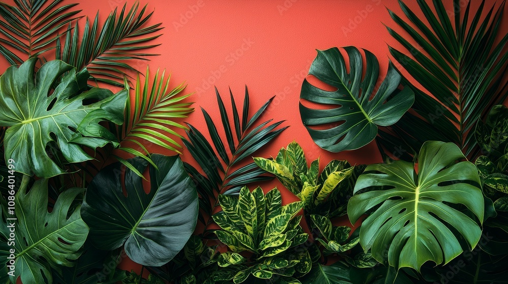 Lush green tropical leaves against a vibrant coral background, creating a vibrant natural aesthetic. Lush green tropical leaves against a vibrant coral background, creating a vibrant natural aesthetic.