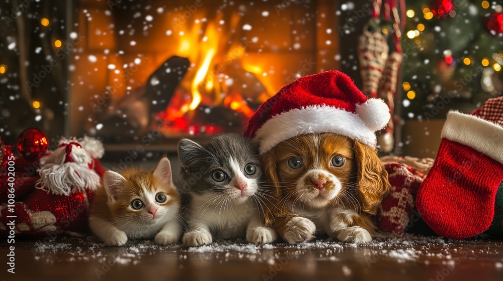 Cozy Christmas Kittens and Puppy by Fireplace Cozy Christmas Kittens and Puppy by Fireplace