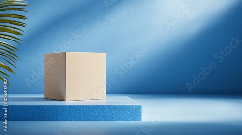 Detailed cardboard box on intense blue background, focus on cardboard's rugged texture, gentle shadow, minimalist design with a vibrant twist photo