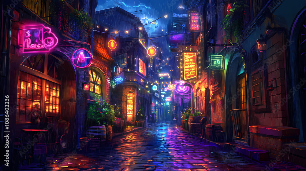 Vibrant lights and reflections in a cyberpunk city street on a rainy night create an atmospheric scene Neon Cyberpunk Alley. Illustration