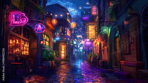 Wallpaper Mural Vibrant lights and reflections in a cyberpunk city street on a rainy night create an atmospheric scene Neon Cyberpunk Alley. Illustration Torontodigital.ca