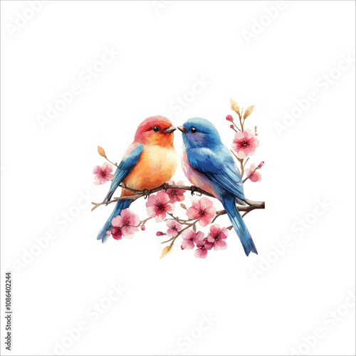Watercolor lovebirds couple on a branch illustration. love Birds and heart watercolor vector.
