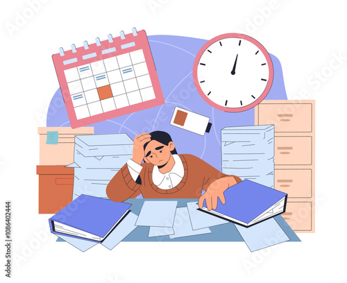 Overworked woman concept. Tired young girl sitting at workplace. Deadline pressure and ineffective workflow organization. Chaos at desk. Frustration and depression. Flat vector illustration