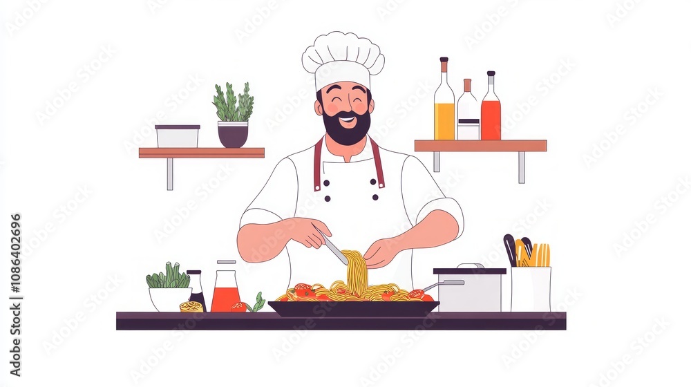 Happy Chef Cooking Delicious Spaghetti Happy Chef Cooking Delicious Spaghetti