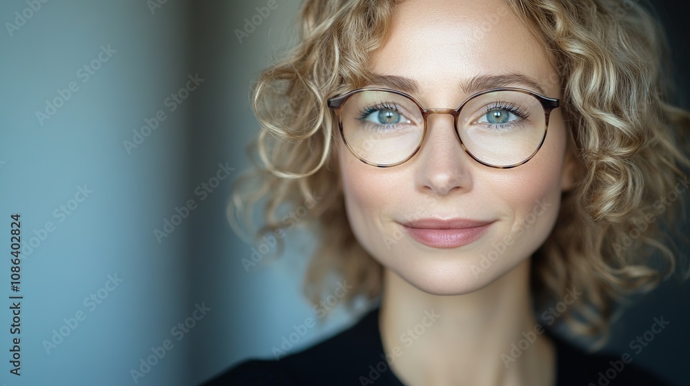 Obraz premium Stylish Young Adult Woman with Curly Hair and Glasses Expressing Confidence and Attractiveness while Smiling in a Bright Indoor Setting