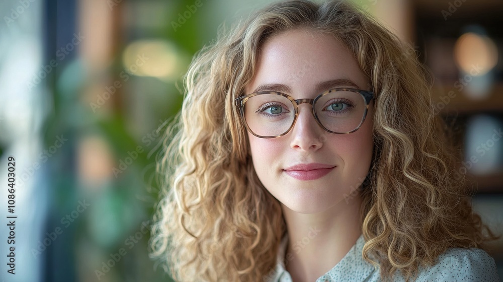 Stylish Young Adult with Curly Blonde Hair and Glasses Smiling Confidently in a Bright and Inviting Environment with Soft Focus Background Stylish Young Adult with Curly Blonde Hair and Glasses Smiling Confidently in a Bright and Inviting Environment with Soft Focus Background