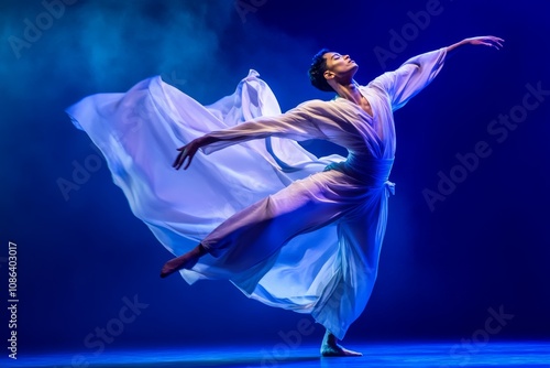 Contemporary dancer in mid-motion wearing a flowing outfit, captured with blurred effect and dramatic lighting on stage