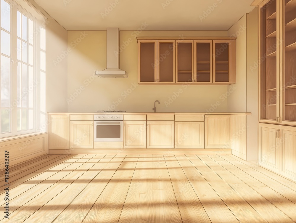 Empty modern kitchen with wooden cabinets, a window, and sunlight streaming in. Empty modern kitchen with wooden cabinets, a window, and sunlight streaming in.
