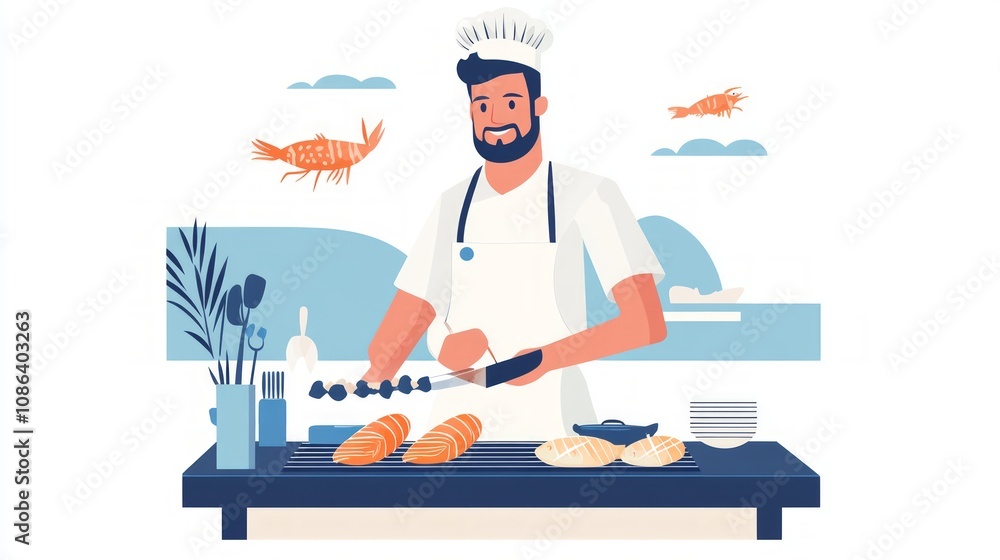 Fototapeta premium Chef Preparing Delicious Seafood Grill