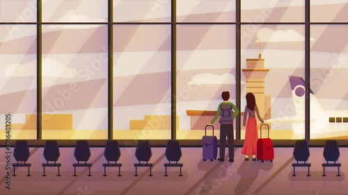 Passengers waiting in airport terminal with Luggage and backpack while waiting for the flight. Airport Lounge. Travel, tourism, flying concepts. 2d loop cartoon animation in 4k.