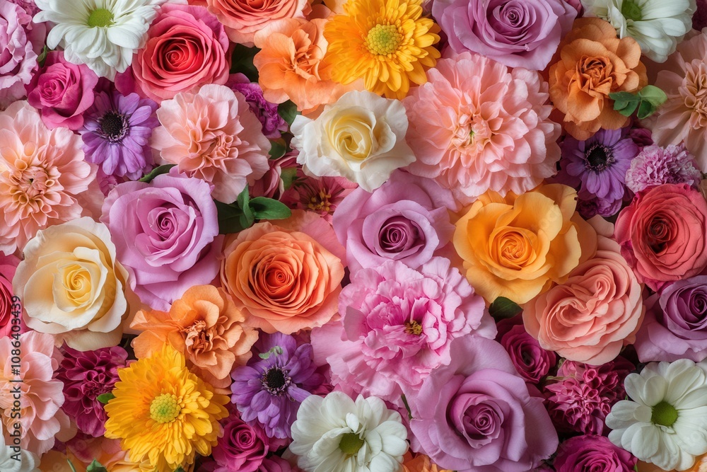 Colorful flower background with roses, carnations, and daisies. Colorful flower background with roses, carnations, and daisies.
