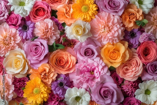 Colorful flower background with roses, carnations, and daisies.
