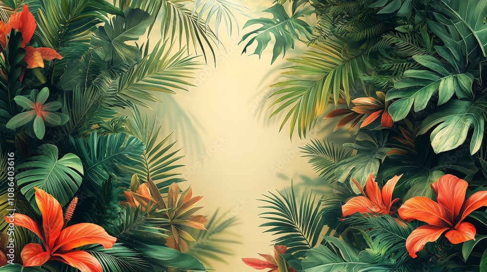 Lush tropical foliage with vibrant flowers creating a serene backdrop. Lush tropical foliage with vibrant flowers creating a serene backdrop.