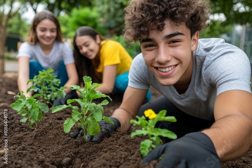 Group of young people volunteering at a community garden, with hands in the soil and happy expressions