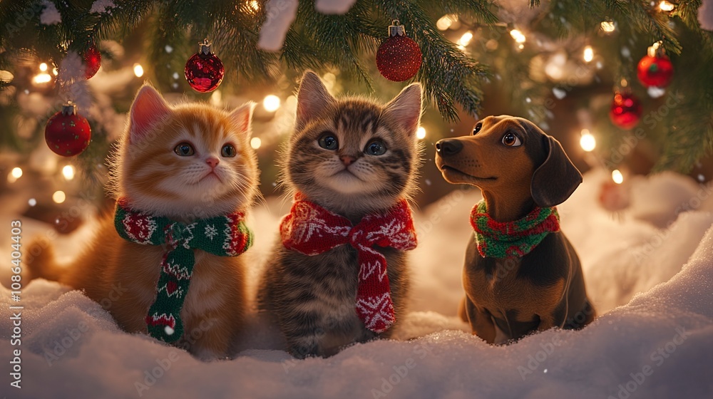 Adorable Kittens and Dachshund Puppy Under Christmas Tree Adorable Kittens and Dachshund Puppy Under Christmas Tree