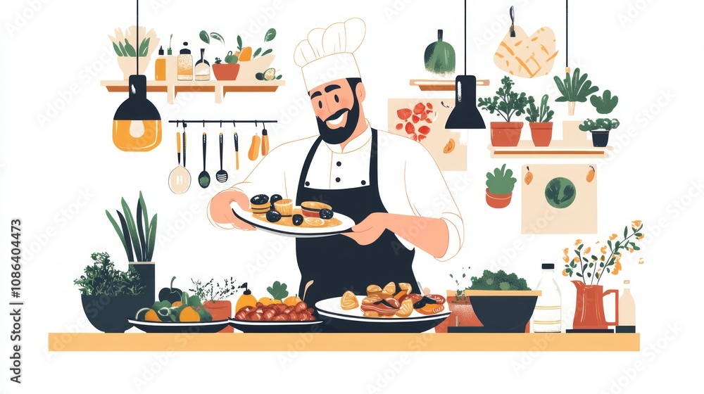 Chef Serving Delicious Food in a Cozy Kitchen Chef Serving Delicious Food in a Cozy Kitchen