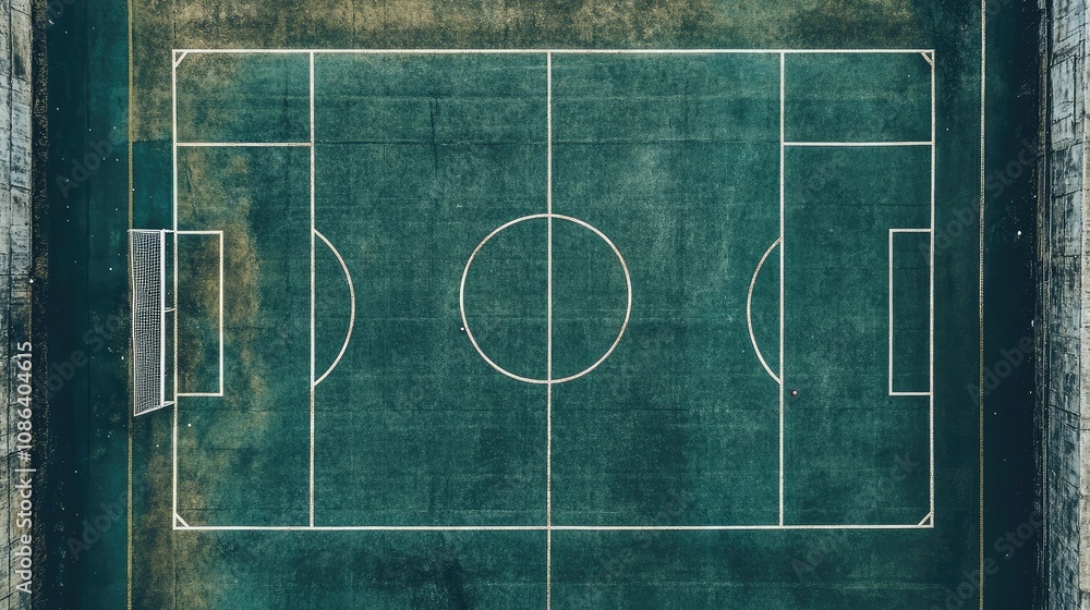 Aerial View of a Green Soccer Field with White Lines and Faded Grass, Ideal for Sports Themes and Athletic Backgrounds Aerial View of a Green Soccer Field with White Lines and Faded Grass, Ideal for Sports Themes and Athletic Backgrounds