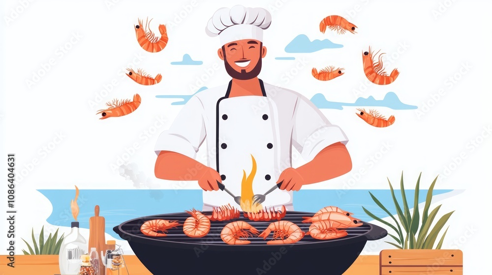 Chef Grilling Delicious Shrimp by the Beach Chef Grilling Delicious Shrimp by the Beach