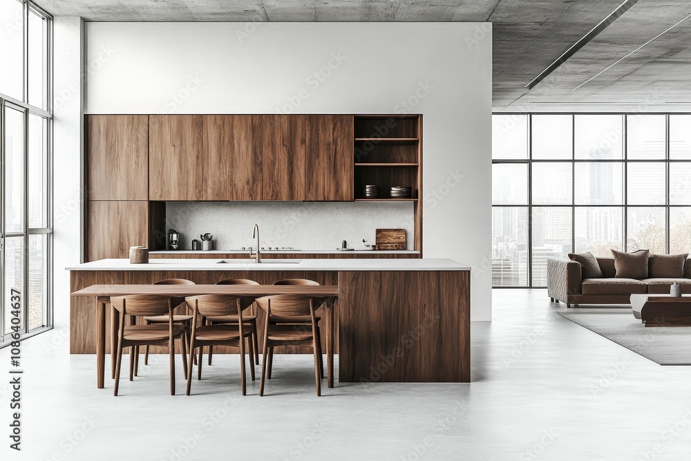 Fototapeta premium Modern kitchen with wooden cabinets and white countertop, dining table and chairs, and large windows overlooking a living room with a brown sofa and coffee table.