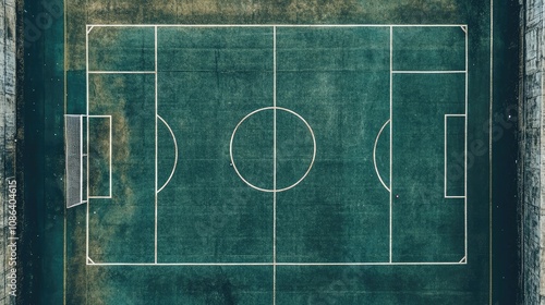 Aerial View of a Green Soccer Field with White Lines and Faded Grass, Ideal for Sports Themes and Athletic Backgrounds