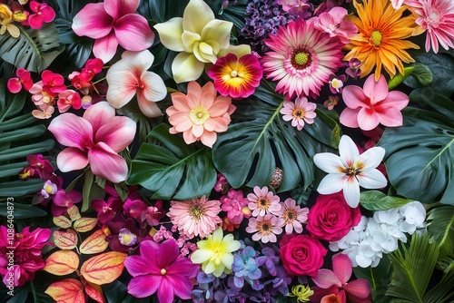 Colorful flowers and green leaves arranged in a flat lay pattern.