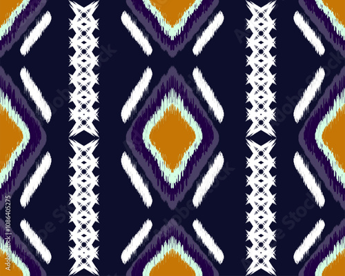 Colorful geometric pattern with diamonds and stripes in navy blue background. Ideal for textiles and wallpapers