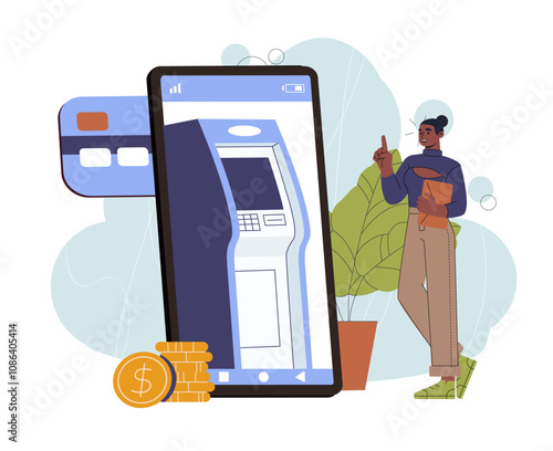 Woman with online bank. Young girl near huge smartphone with bank terminal. Financial cashless transfers and transactions. Flat vector illustration isolated on white background