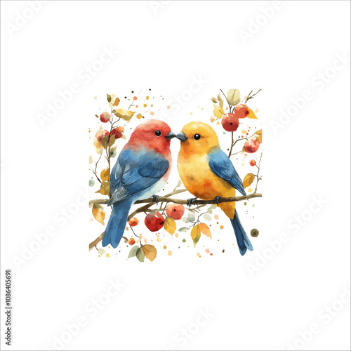 Watercolor lovebirds couple on a branch illustration. love Birds and heart watercolor vector.

