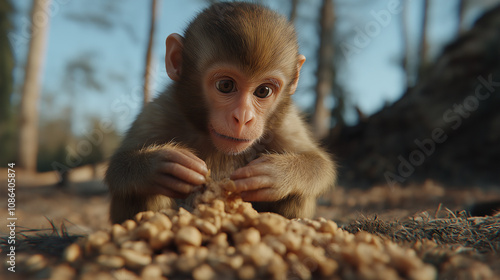 Young monkey eating peanuts in the forest photo