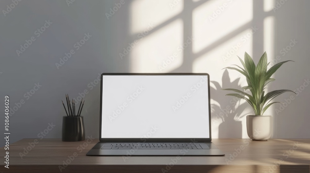 Modern Minimalist Workspace with Laptop and Plant Modern Minimalist Workspace with Laptop and Plant