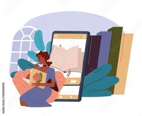 Woman with online books. Young girl loves to read. Education and training, learning. Love for literature and reading. Digital bookstore. Flat vector illustration isolated on white background