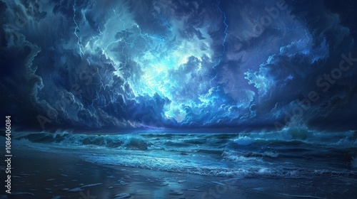 Dramatic ocean waves crashing on shore under a stormy, electric blue night sky.