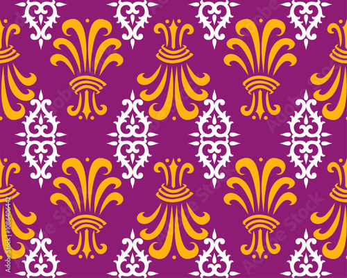 Colorful floral pattern with purple background and yellow accents. Ideal for textiles and wallpapers