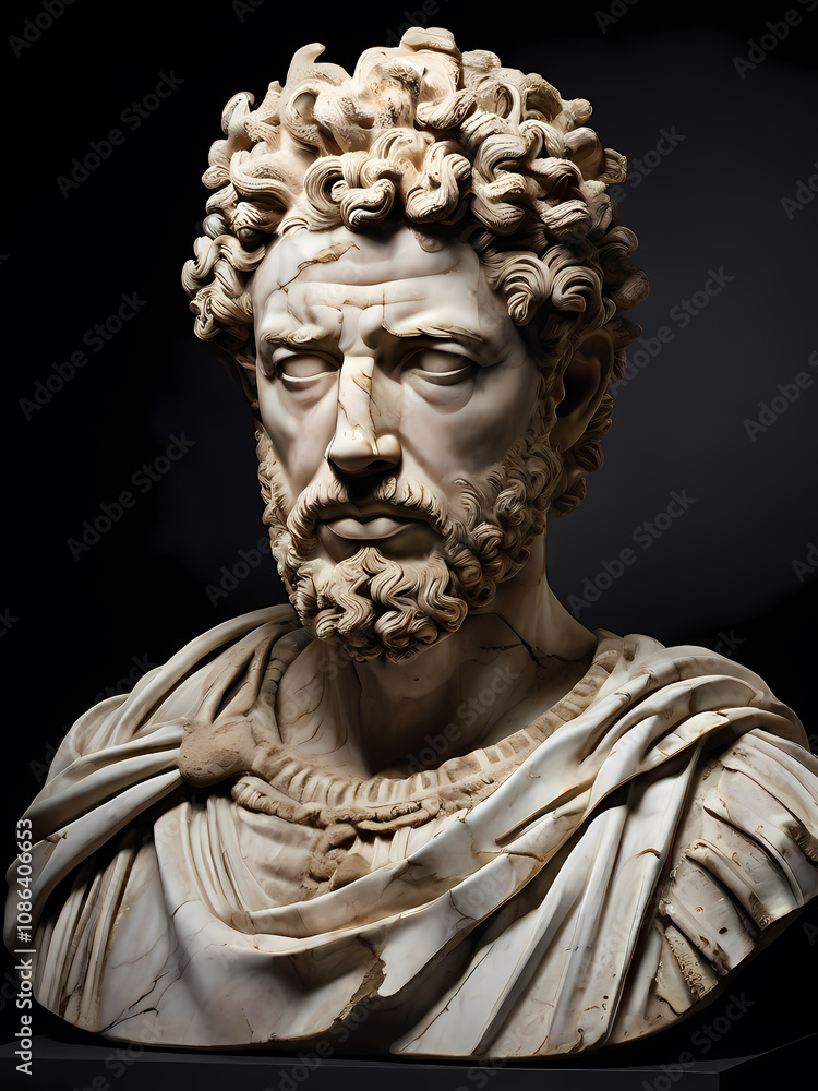 A stoic bust of Marcus Aurelius, sculpted from weathered marble with cracks and veins that hint at the passage of time, bathed in dramatic chiaroscuro lighting that accentuates A stoic bust of Marcus Aurelius, sculpted from weathered marble with cracks and veins that hint at the passage of time, bathed in dramatic chiaroscuro lighting that accentuates