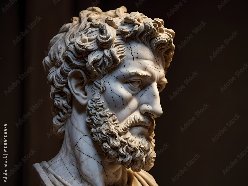 A stoic bust of Marcus Aurelius, sculpted from weathered marble with cracks and veins that hint at the passage of time, bathed in dramatic chiaroscuro lighting that accentuates A stoic bust of Marcus Aurelius, sculpted from weathered marble with cracks and veins that hint at the passage of time, bathed in dramatic chiaroscuro lighting that accentuates