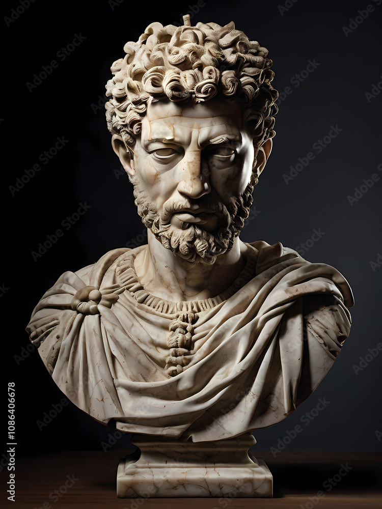 A stoic bust of Marcus Aurelius, sculpted from weathered marble with cracks and veins that hint at the passage of time, bathed in dramatic chiaroscuro lighting that accentuates A stoic bust of Marcus Aurelius, sculpted from weathered marble with cracks and veins that hint at the passage of time, bathed in dramatic chiaroscuro lighting that accentuates