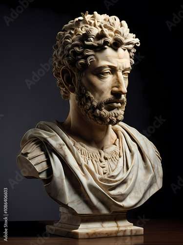 A stoic bust of Marcus Aurelius, sculpted from weathered marble with cracks and veins that hint at the passage of time, bathed in dramatic chiaroscuro lighting that accentuates