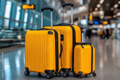 Stack of bright yellow suitcases in an airport, ready for a travel adventure