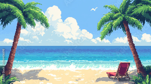 Fototapeta Naklejka Na Ścianę i Meble -  Scenic pixel art beach with palm trees and ocean view