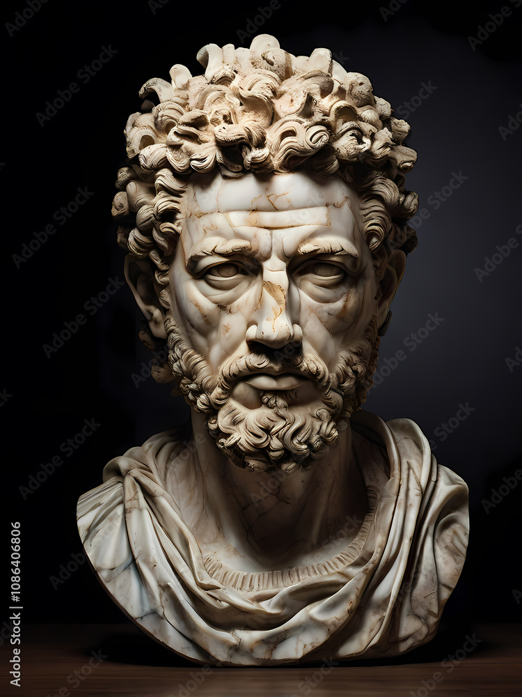 A stoic bust of Marcus Aurelius, sculpted from weathered marble with cracks and veins that hint at the passage of time, bathed in dramatic chiaroscuro lighting that accentuates A stoic bust of Marcus Aurelius, sculpted from weathered marble with cracks and veins that hint at the passage of time, bathed in dramatic chiaroscuro lighting that accentuates