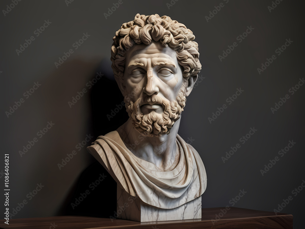 A stoic bust of Marcus Aurelius, sculpted from weathered marble with cracks and veins that hint at the passage of time, bathed in dramatic chiaroscuro lighting that accentuates A stoic bust of Marcus Aurelius, sculpted from weathered marble with cracks and veins that hint at the passage of time, bathed in dramatic chiaroscuro lighting that accentuates