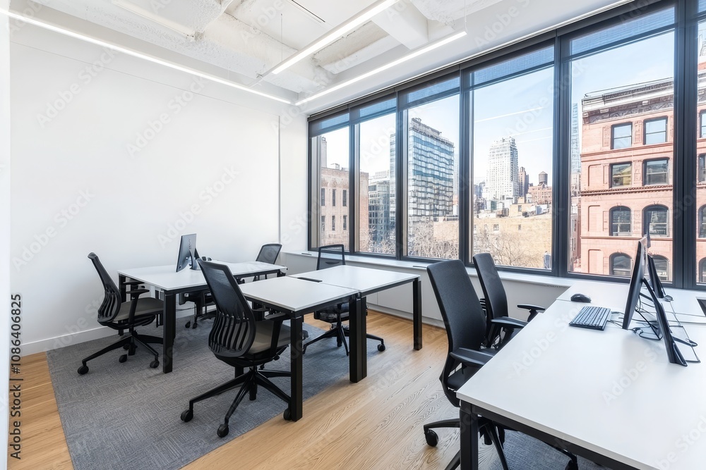 Modern office space with four workstations, a large window with a view of a city skyline, and a grey carpet. Modern office space with four workstations, a large window with a view of a city skyline, and a grey carpet.