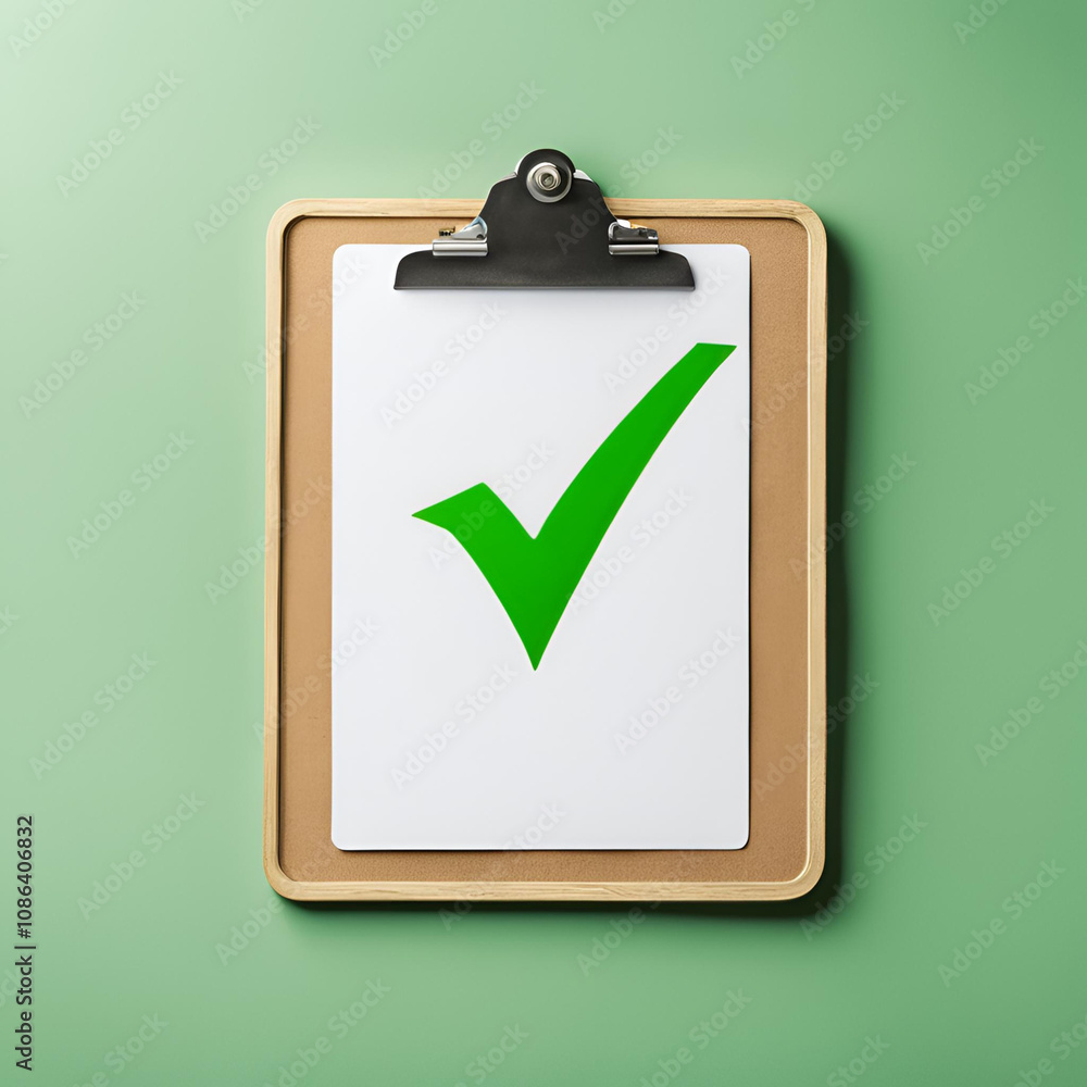 A wooden clipboard with a green checkmark on a white sheet of paper, placed against a light green background, symbolizing approval, completion, and positive results. A wooden clipboard with a green checkmark on a white sheet of paper, placed against a light green background, symbolizing approval, completion, and positive results.